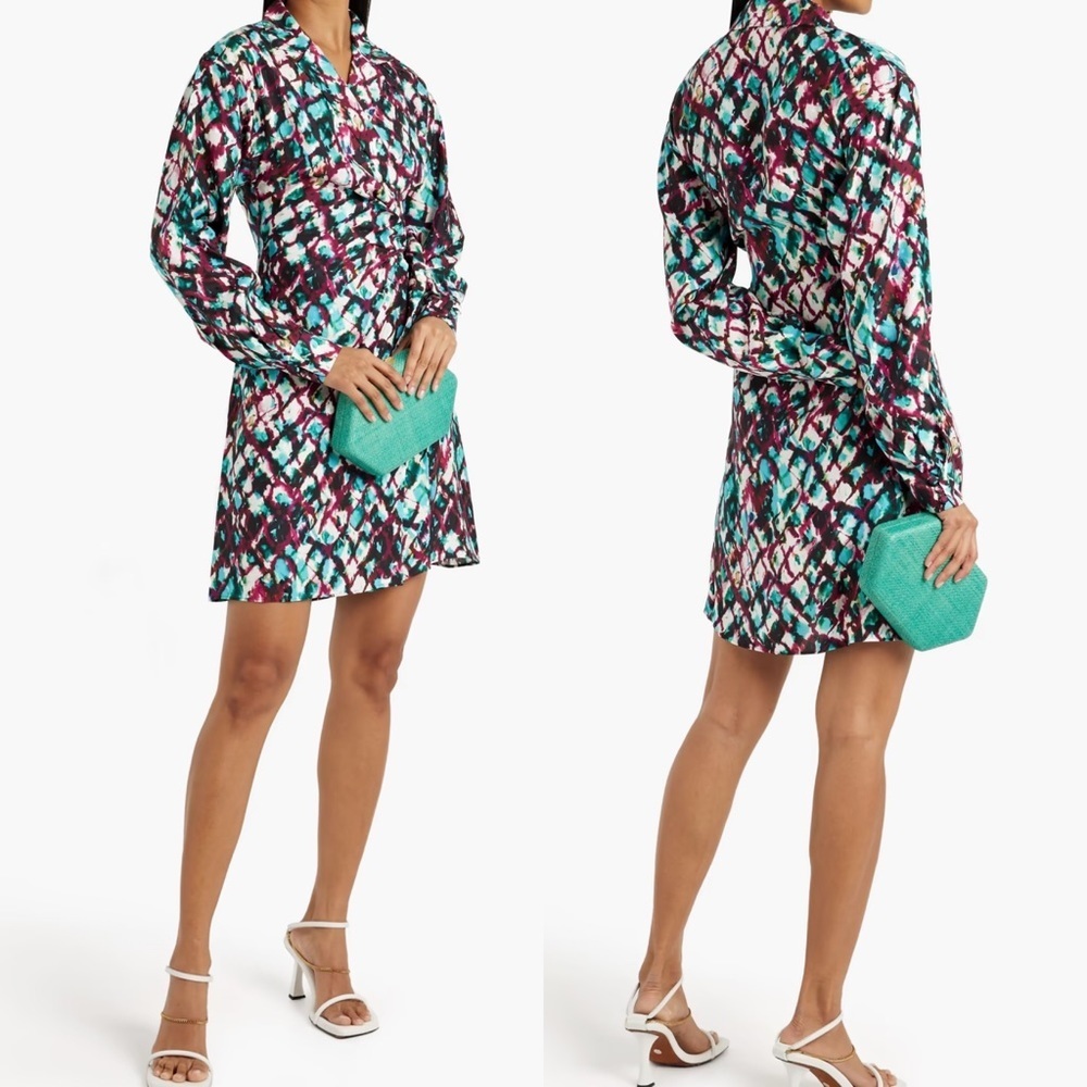 Saloni 100% Silk Wrap Dress Size 2 Mari Printed Jacquard Pleated Geometric Boho